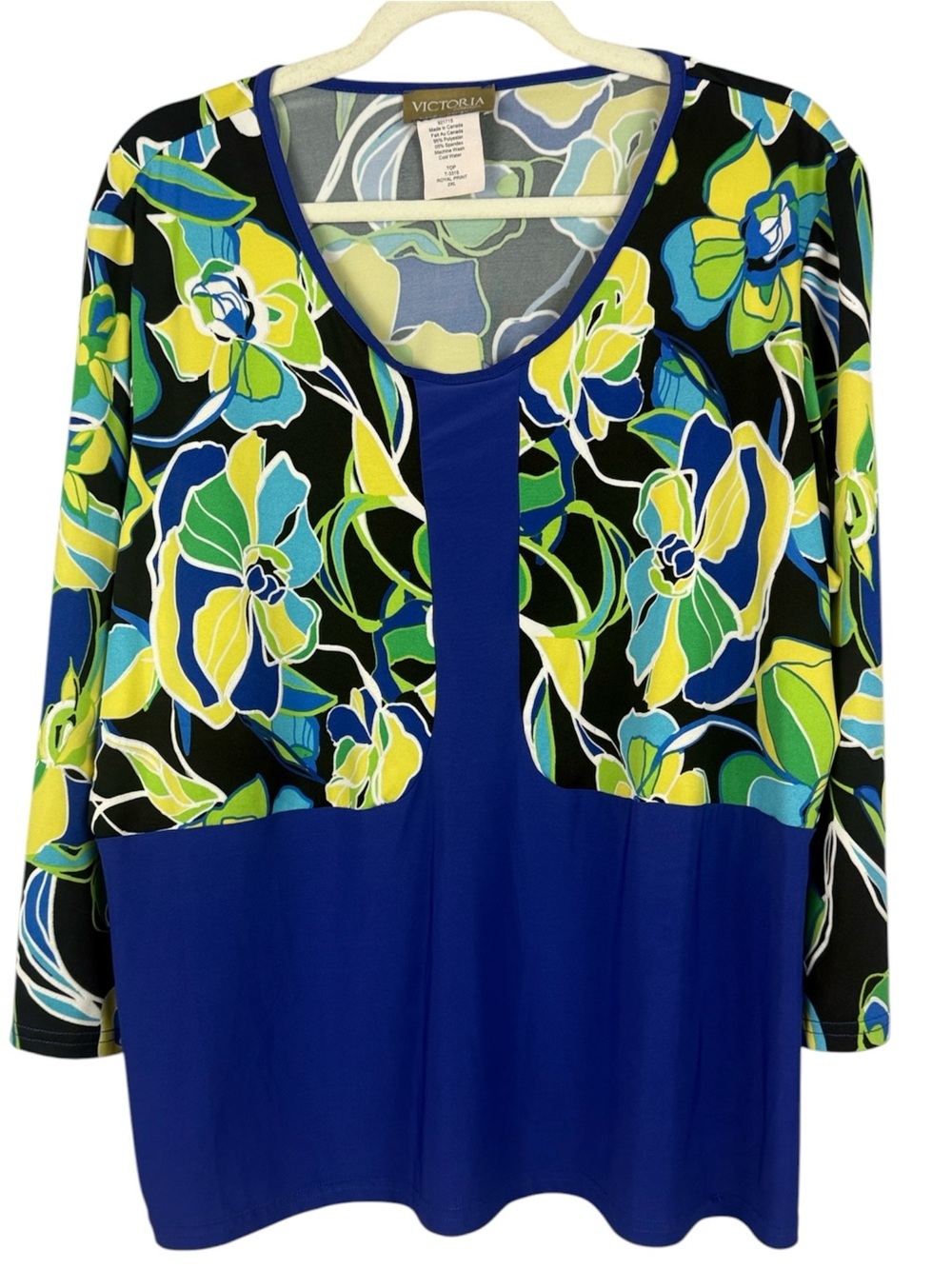 Victoria Collection Classic Easy Care Blue Floral 3/4 Sleeve Scoop Neck 2XL Top